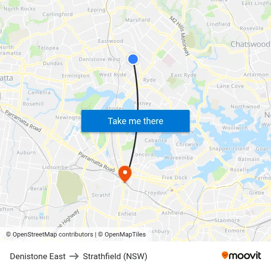 Denistone East to Strathfield (NSW) map