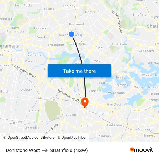 Denistone West to Strathfield (NSW) map