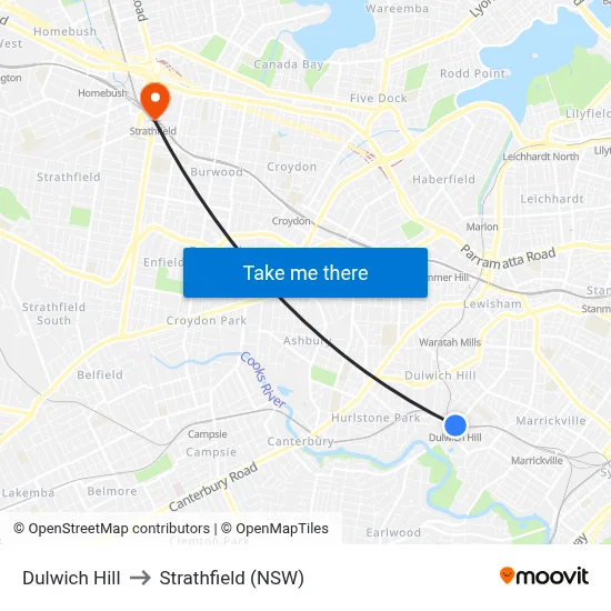 Dulwich Hill to Strathfield (NSW) map