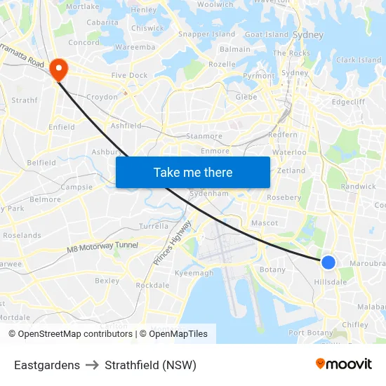 Eastgardens to Strathfield (NSW) map
