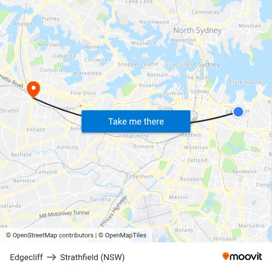 Edgecliff to Strathfield (NSW) map