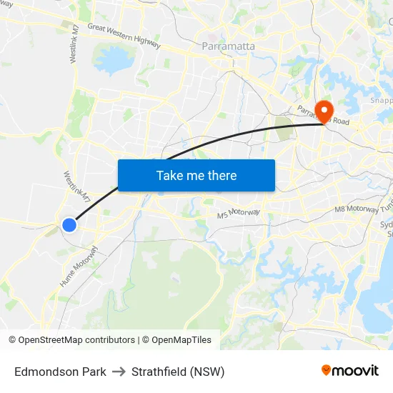Edmondson Park to Strathfield (NSW) map