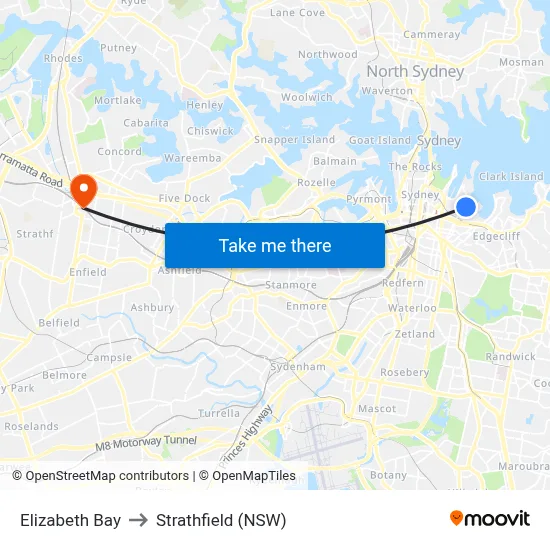 Elizabeth Bay to Strathfield (NSW) map