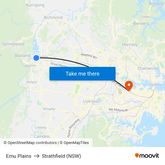 Emu Plains to Strathfield (NSW) map