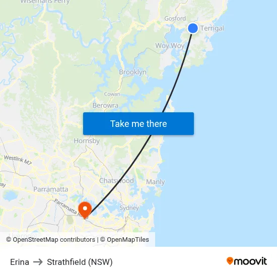 Erina to Strathfield (NSW) map