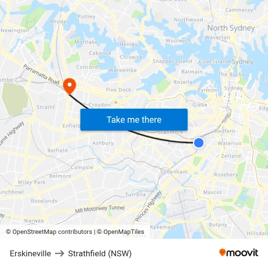 Erskineville to Strathfield (NSW) map