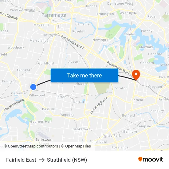 Fairfield East to Strathfield (NSW) map