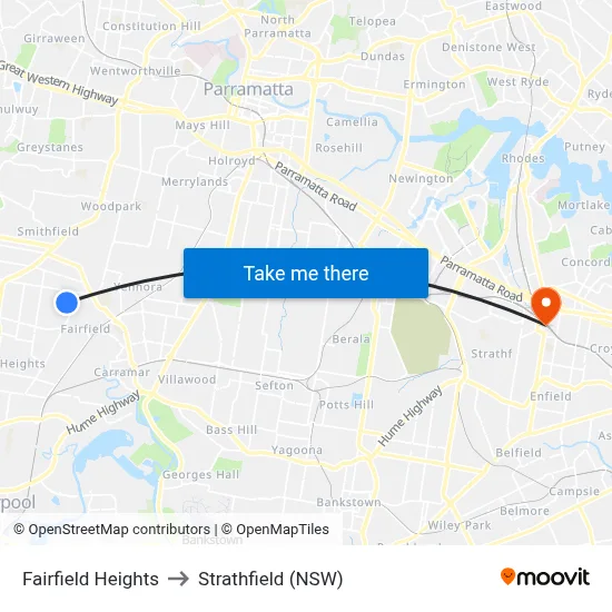 Fairfield Heights to Strathfield (NSW) map