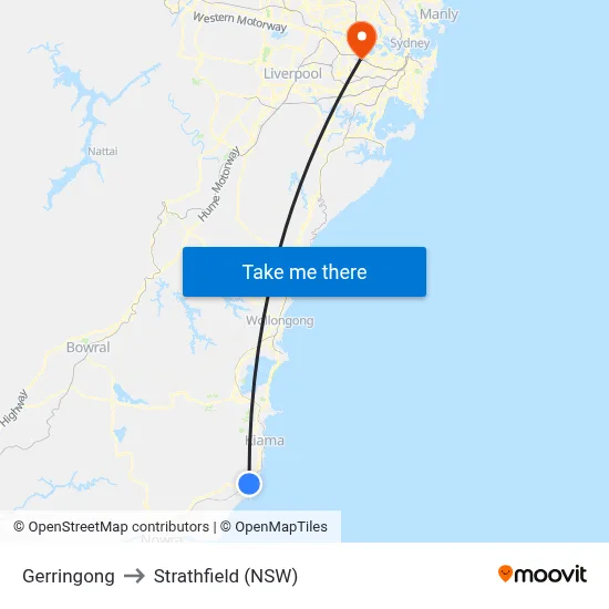Gerringong to Strathfield (NSW) map