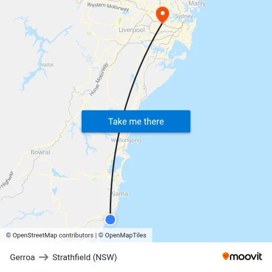 Gerroa to Strathfield (NSW) map
