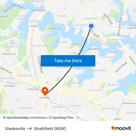 Gladesville to Strathfield (NSW) map