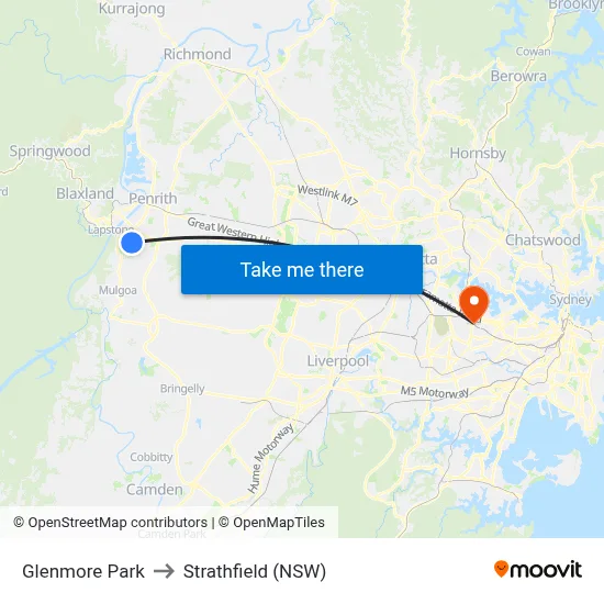 Glenmore Park to Strathfield (NSW) map