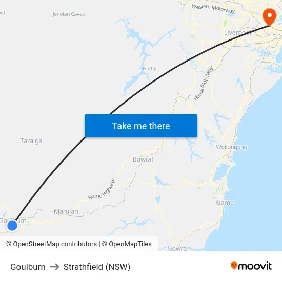 Goulburn to Strathfield (NSW) map