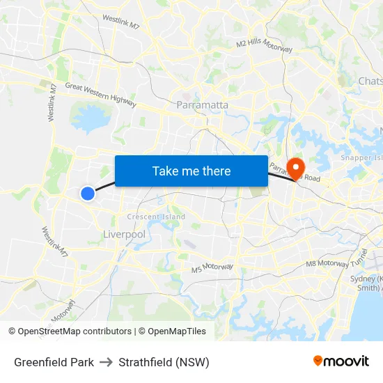 Greenfield Park to Strathfield (NSW) map