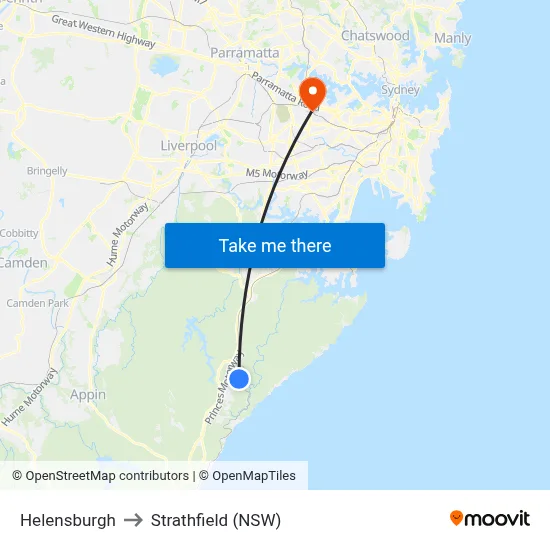 Helensburgh to Strathfield (NSW) map