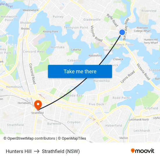 Hunters Hill to Strathfield (NSW) map