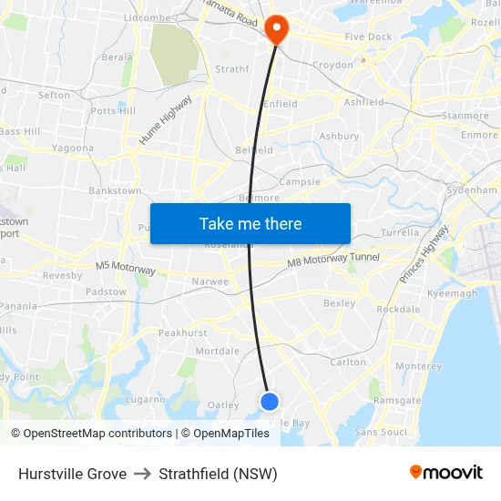 Hurstville Grove to Strathfield (NSW) map