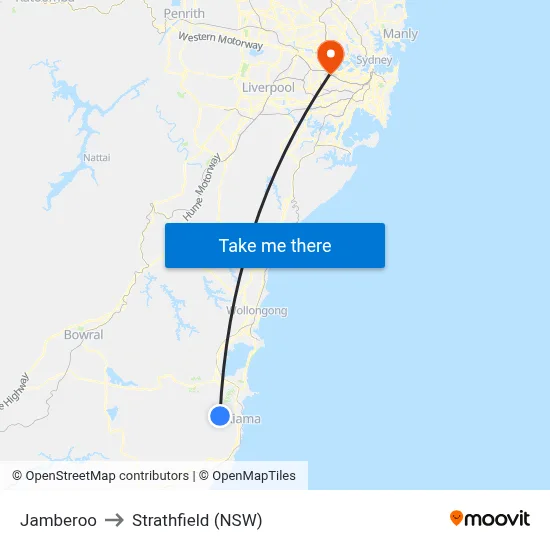 Jamberoo to Strathfield (NSW) map