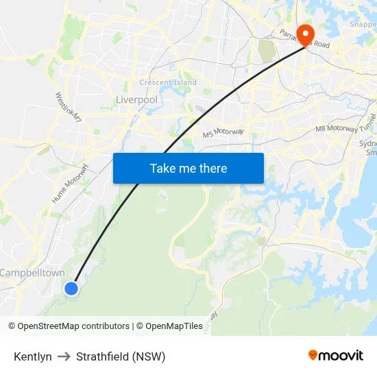 Kentlyn to Strathfield (NSW) map