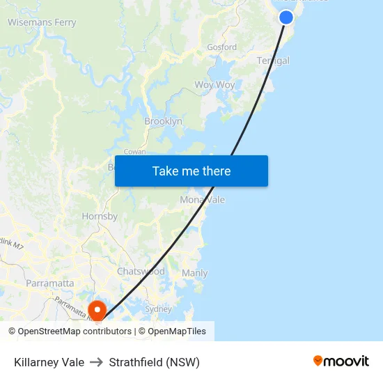 Killarney Vale to Strathfield (NSW) map