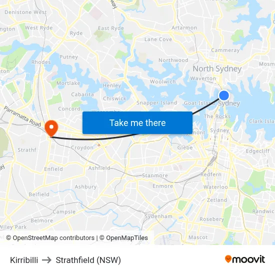 Kirribilli to Strathfield (NSW) map