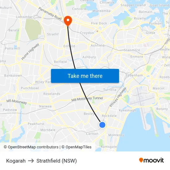 Kogarah to Strathfield (NSW) map