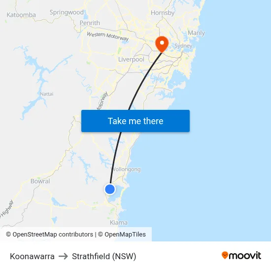 Koonawarra to Strathfield (NSW) map