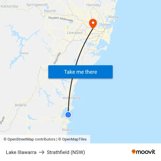 Lake Illawarra to Strathfield (NSW) map