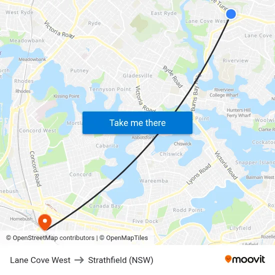 Lane Cove West to Strathfield (NSW) map