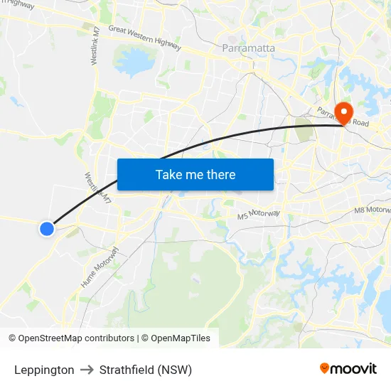 Leppington to Strathfield (NSW) map