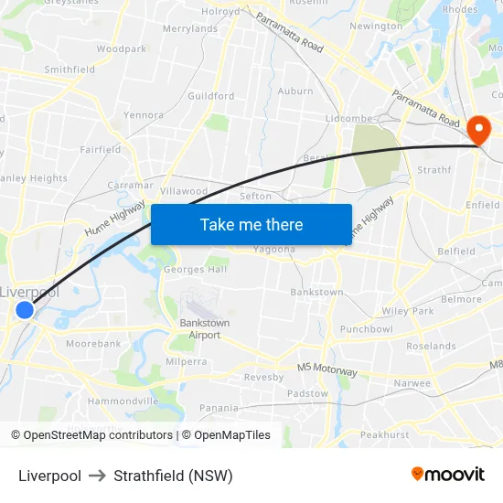 Liverpool to Strathfield (NSW) map