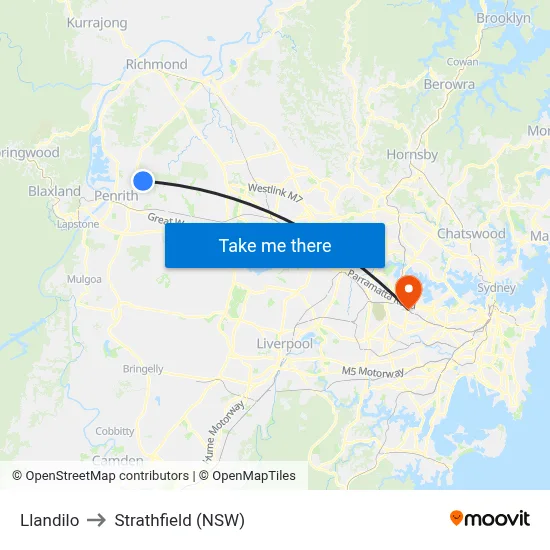 Llandilo to Strathfield (NSW) map