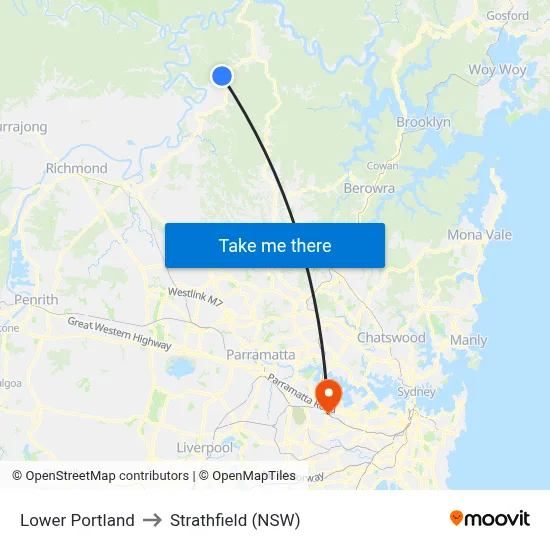 Lower Portland to Strathfield (NSW) map