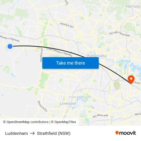 Luddenham to Strathfield (NSW) map
