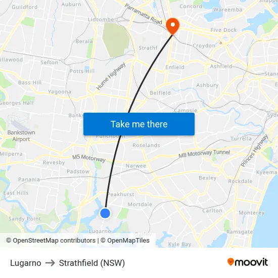Lugarno to Strathfield (NSW) map