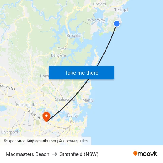 Macmasters Beach to Strathfield (NSW) map
