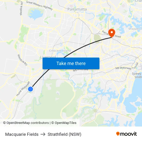 Macquarie Fields to Strathfield (NSW) map