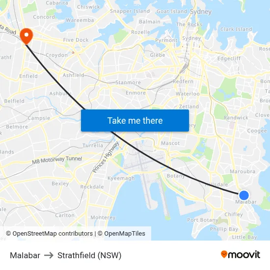 Malabar to Strathfield (NSW) map
