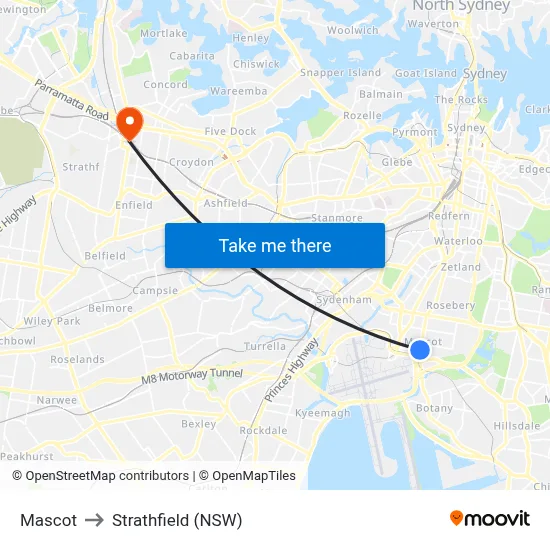 Mascot to Strathfield (NSW) map