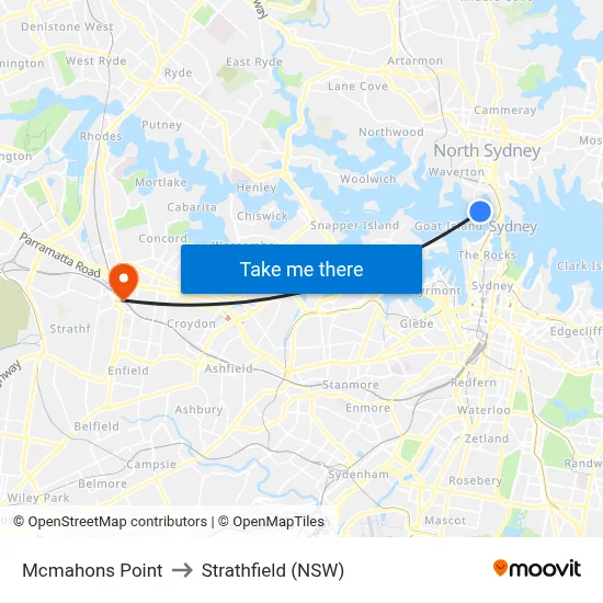 Mcmahons Point to Strathfield (NSW) map