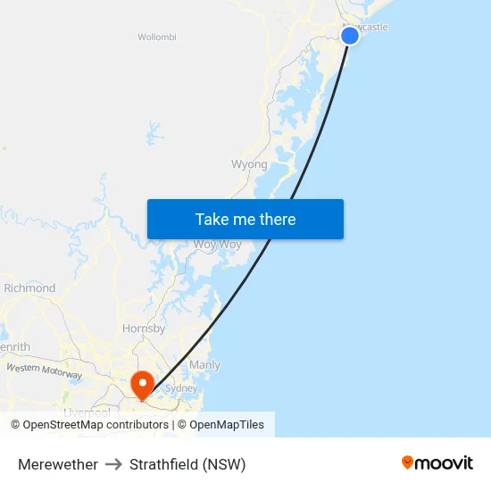 Merewether to Strathfield (NSW) map