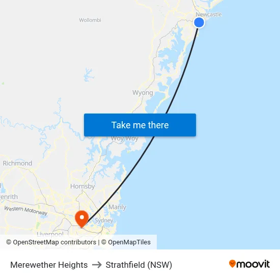 Merewether Heights to Strathfield (NSW) map