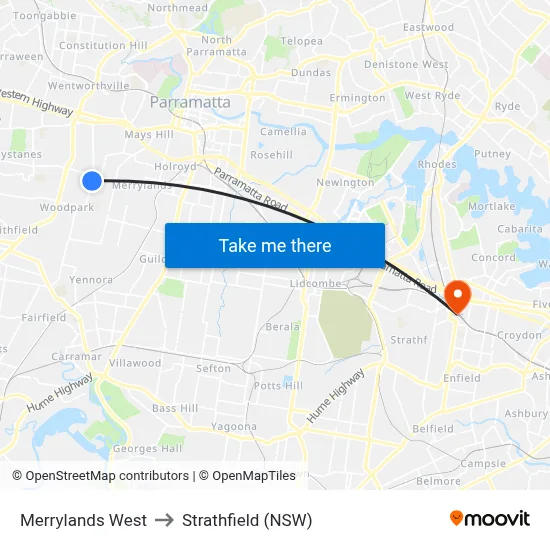 Merrylands West to Strathfield (NSW) map