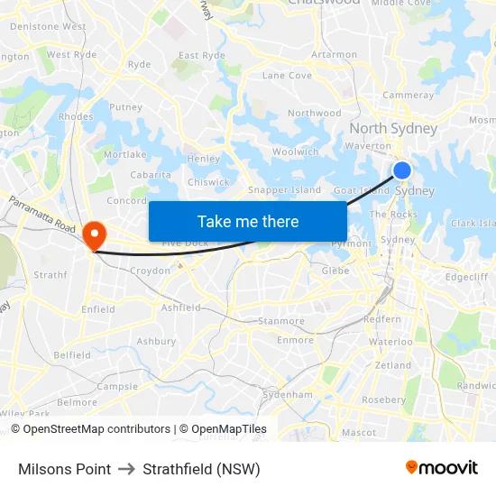 Milsons Point to Strathfield (NSW) map