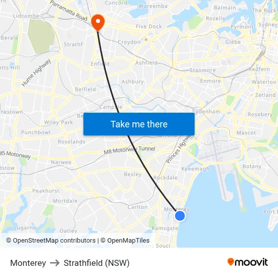 Monterey to Strathfield (NSW) map