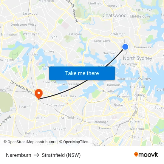 Naremburn to Strathfield (NSW) map