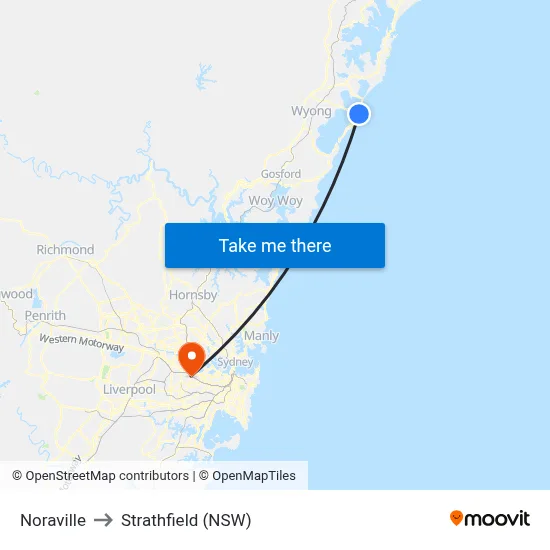 Noraville to Strathfield (NSW) map
