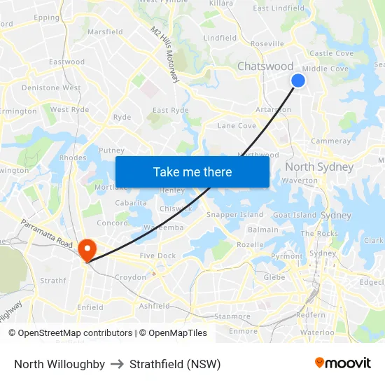 North Willoughby to Strathfield (NSW) map