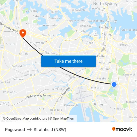 Pagewood to Strathfield (NSW) map