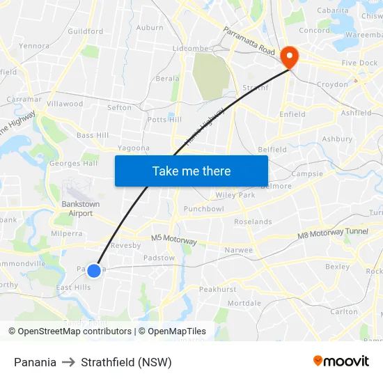 Panania to Strathfield (NSW) map